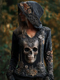 Vintage Skull Floral Beaded Slim Fit Hooded T Shirt elevenforest