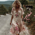 Women's Vintage Flower Embroidery Art Linen Short Sleeve Mini Dress elevenforest