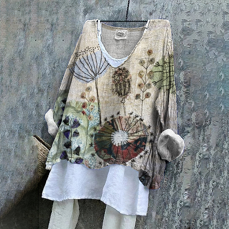 Comstylish Retro Floral Embroidered Art Linen Blend Tunic