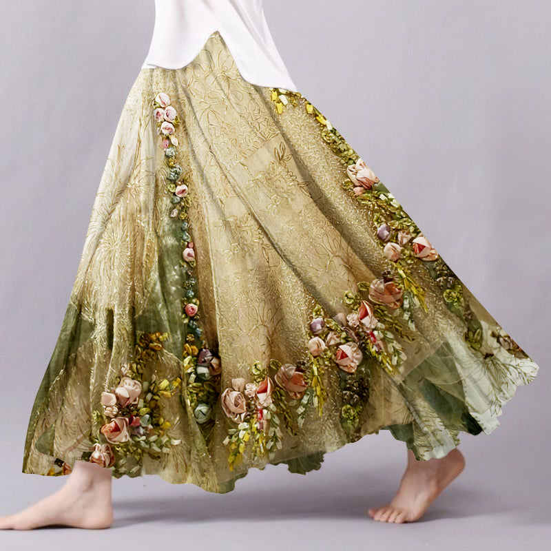 Women's Boho Flowers Art Linen Blend Skirt elevenforest