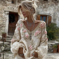 Women's Vintage Pink Flowers Art V-neck Cozy Knit Sweater