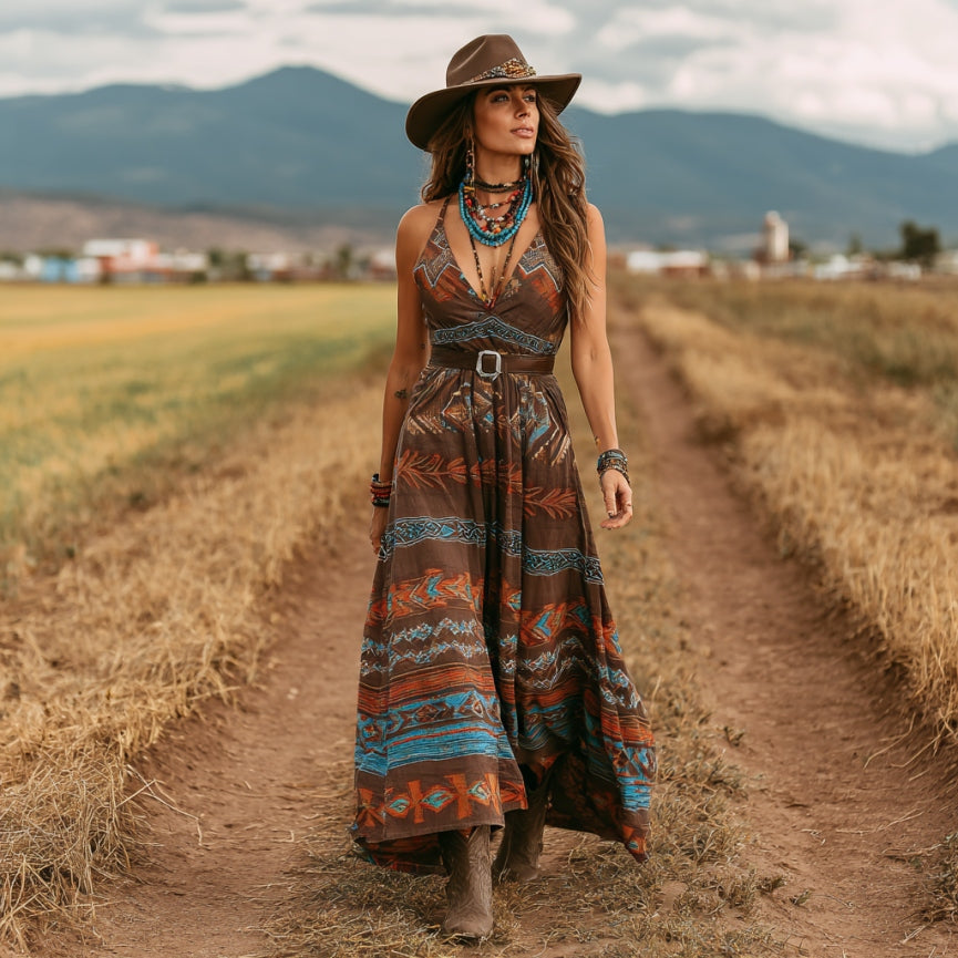 Women's Vintage Western Geometric Print V-neck Slip Maxi Dress elevenforest