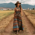 Women's Vintage Western Geometric Print V-neck Slip Maxi Dress elevenforest