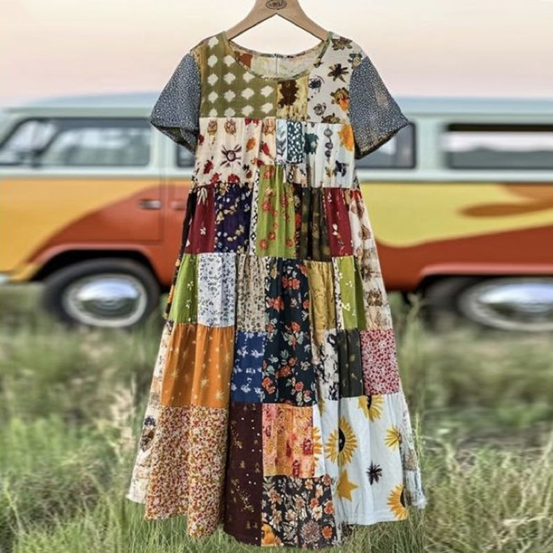Countryside Style Collection Classy Patchwork Floral Pattern Art Linen Maxi Dress elevenforest
