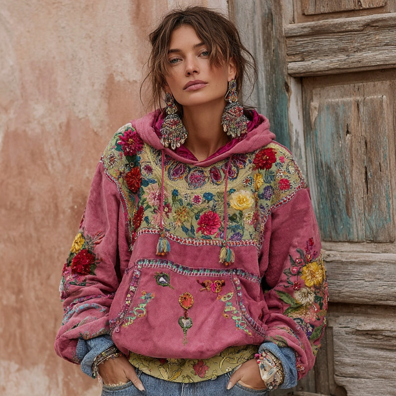 Women's Vintage Bohemian Floral Embroidery Patchwork Long Sleeve Hoodie elevenforest