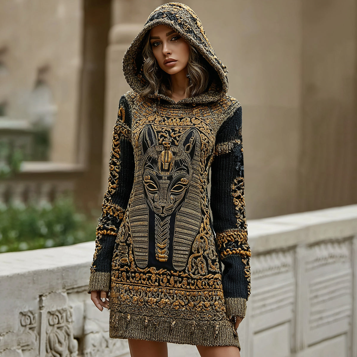 Comstylish Women's Vintage Ancient Egyptian Cat Art Cozy Hooded Mini Sweater Dress