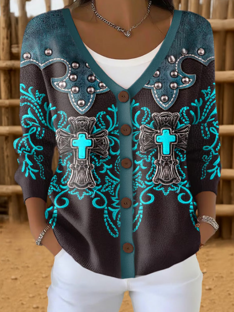 Women's Retro Western Vintage Graphic Print Cardigan elevenforest