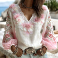 Women's Pink Rose Embroidery Art V Neck Long Sleeve Linen Blend T-shirt elevenforest