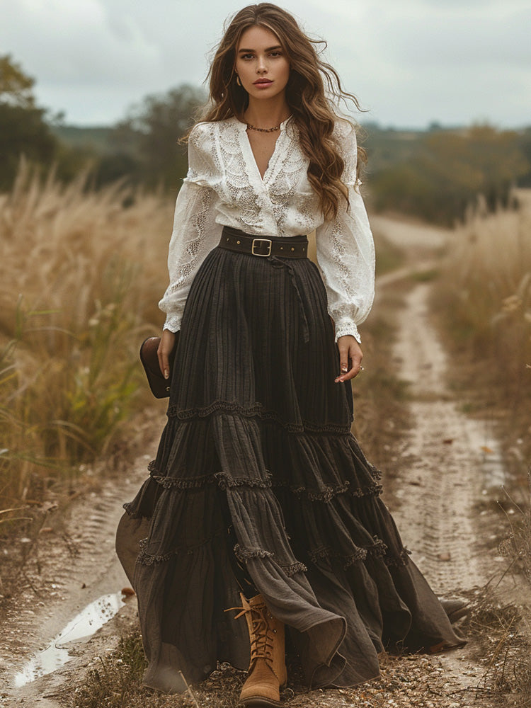 Retro V-neck Lace Linen Women's  Pastoral Style Linen Skirts elevenforest