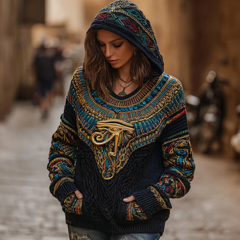 Comstylish Women's Vintage Ancient Egyptian Eye Of Horus Art Knitted Hooded Sweater