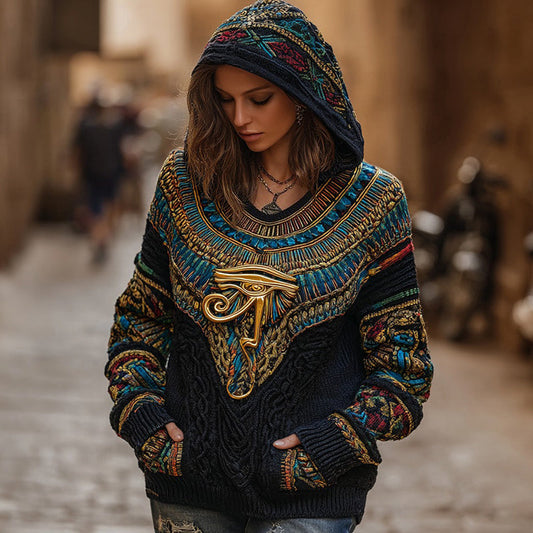 Comstylish Women's Vintage Ancient Egyptian Eye Of Horus Art Knitted Hooded Sweater