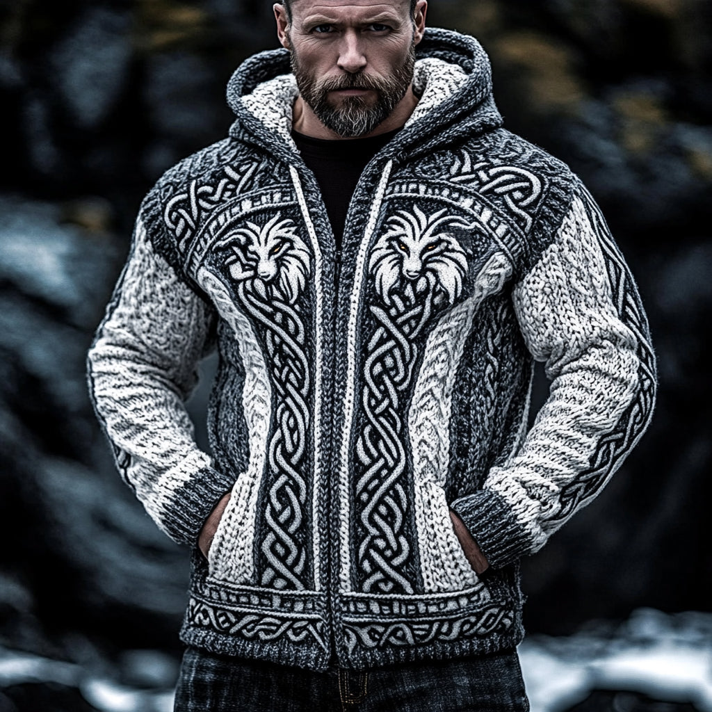 Men's Viking Wolf Style Celtic Thick Zip Hooded Sweater elevenforest