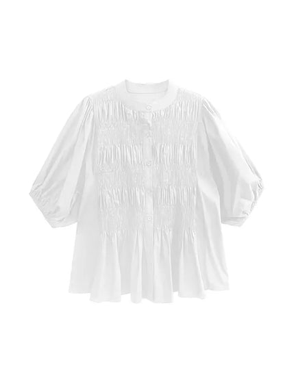 Loose Puff Sleeves Pleated Color Round-neck Blouses&shirts Tops