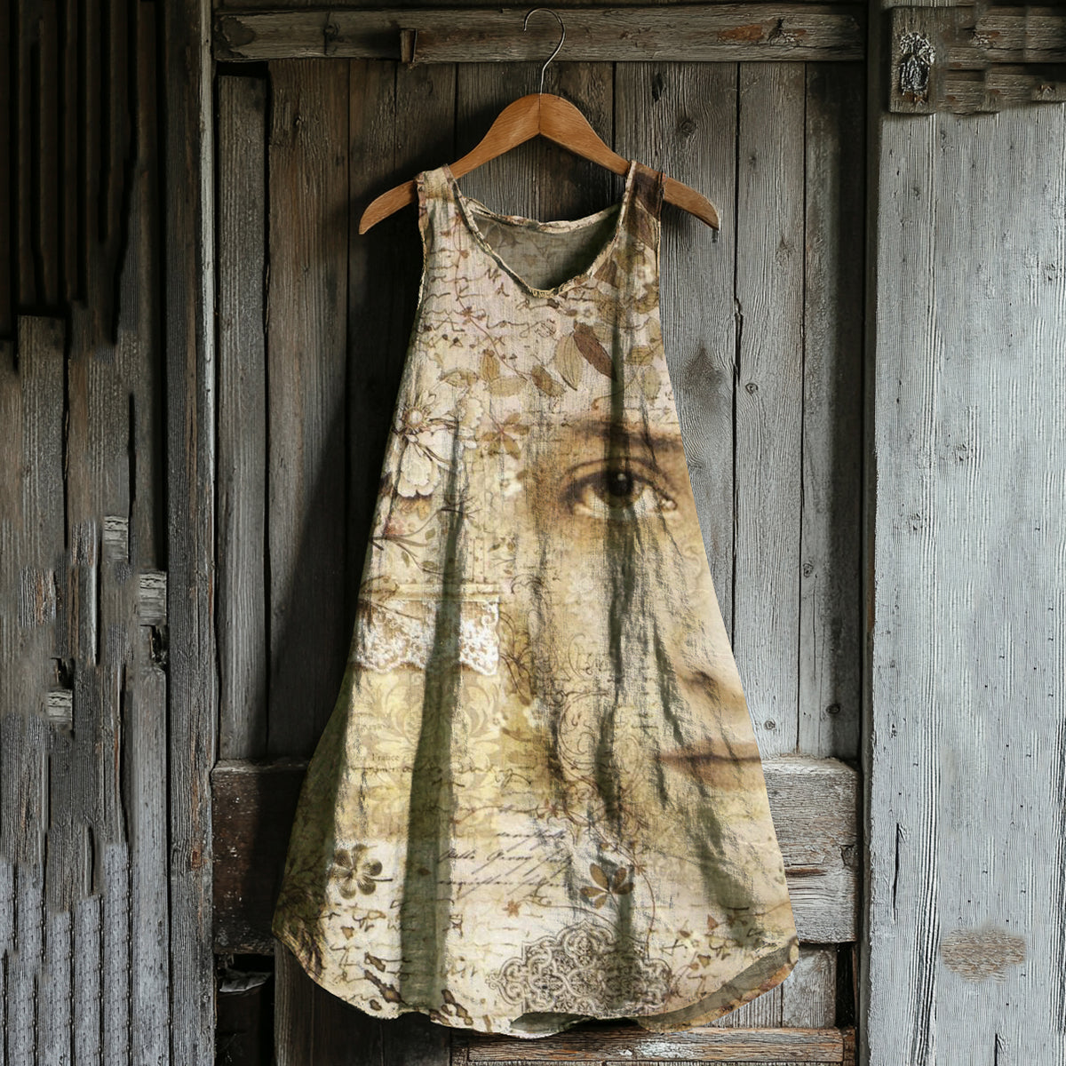 Vintage Flower Face Art Linen Blend Tank Midi Dress elevenforest