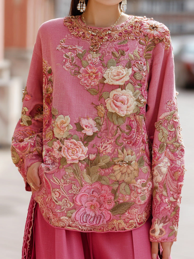 Women's Pink Floral Pink Embroidery Print T-shirt elevenforest