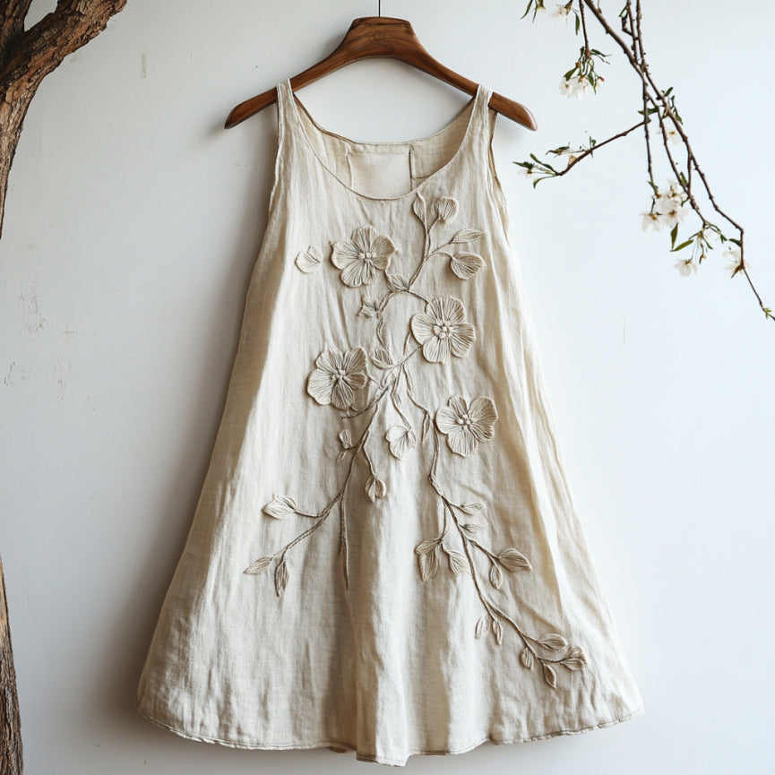 Vintage Floral Embroidery Casual Linen Sleeveless Dress elevenforest