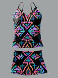 V-Neck Vintage Ethnic Print Suspender Skirt Tankini Pantskirt Set Swimsuit