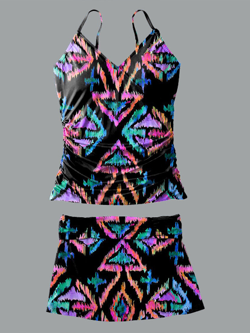 V-Neck Vintage Ethnic Print Suspender Skirt Tankini Pantskirt Set Swimsuit