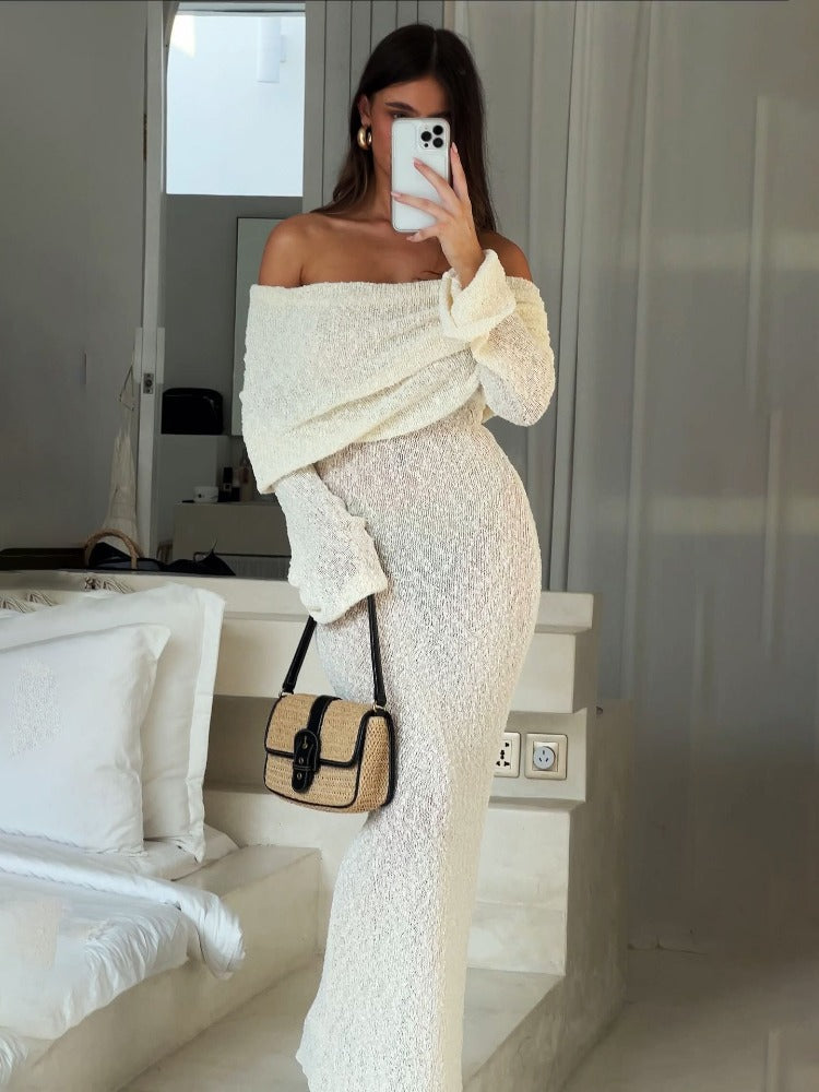 Tossy Knit Hollow Out Off-shoulder Maxi Dress Female Cover Up Loose Long Sleeve Holiday Beach Party Dress Knitwear Dress