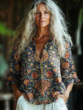 Bohemian Style Holland Park Morris Floral Linen Print  Long Sleeve Shirt elevenforest
