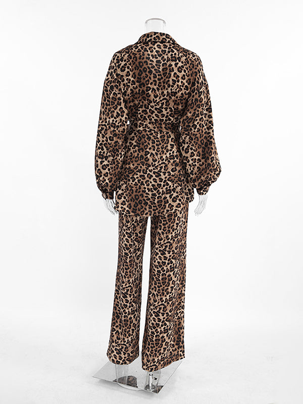 Loose Leopard Split-joint Lapel Long Sleeves Tied Waist Blouse + Elasticity Pants Trousers Two Pieces Set