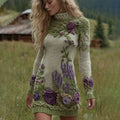 Classy Gradient Purple Lavender And Floral Art Cozy Knit Mini Turtleneck Dress elevenforest