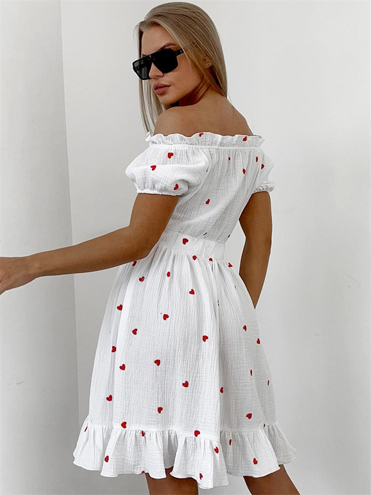 Tossy Ruffled Printed Patchwork Mini Dress for Off-shoulder High Waist Gown Party Dress Summer Dress
