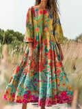 Women's Watercolor Floral Art Print Flowy Cotton Crew Neck Dress