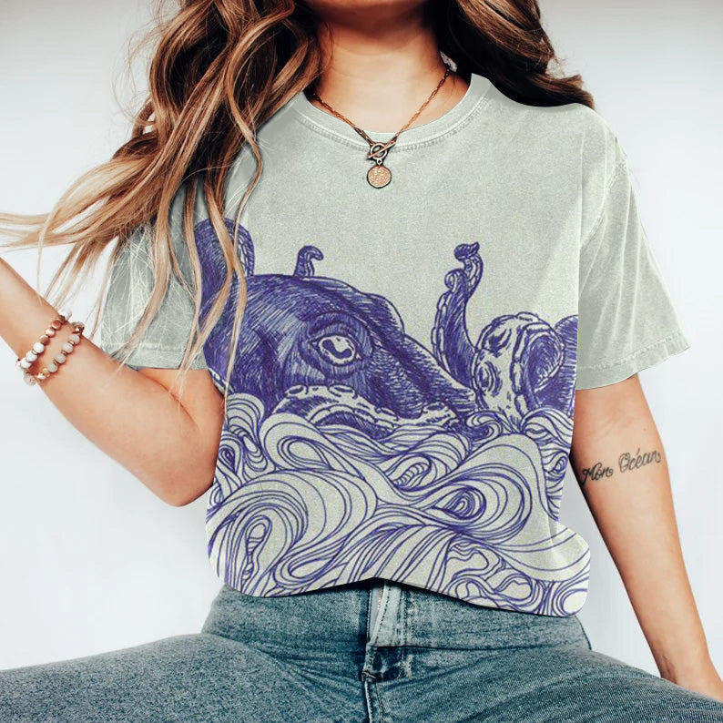 Vintage Japanese Art Octopus Casual T-Shirt elevenforest
