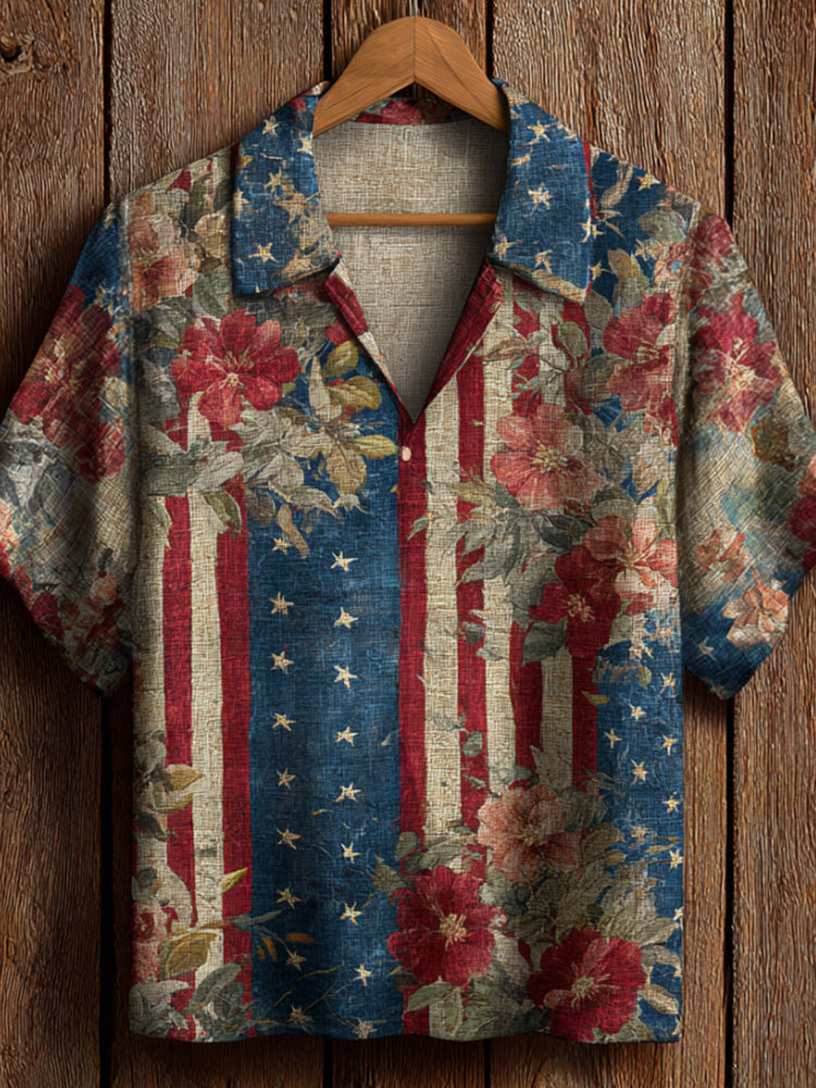 Independence Day Small V-neck Short-sleeved Shirt elevenforest