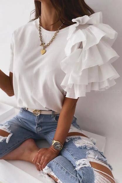 Patchwork Flounce O Neck T-shirts(4 Colors)