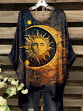 Women's Vintage Abstract Star And Moon Art Print Crew Neck Top