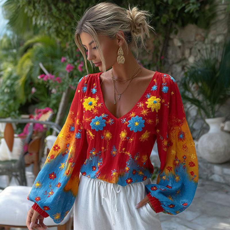 Women's Venezuelan Floral Pattern Linen Blend T-shirt elevenforest