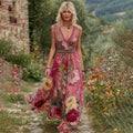Women's Vintage Floral Embroidery Art V-neck Sleeveless Maxi Dress elevenforest