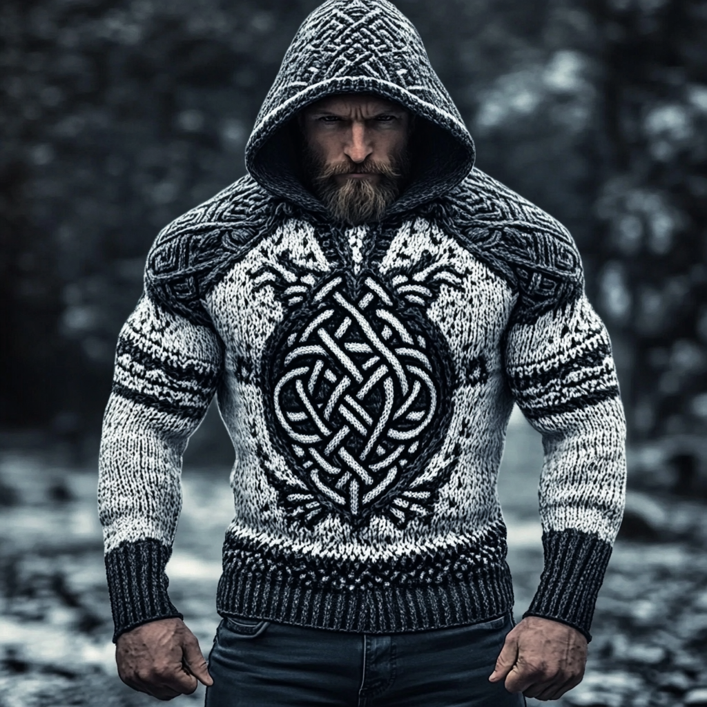 Men's Viking Raven  Chunky Knit Celtic Knotwork Patterns Cozy Knit Hooded Sweater elevenforest