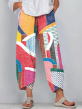 Women's Abstract Art Geometric Pattern Linen Blend Pants elevenforest