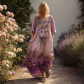 Women's Vintage Lupine And Floral Embroidery V-neck Long Sleeve Dress elevenforest