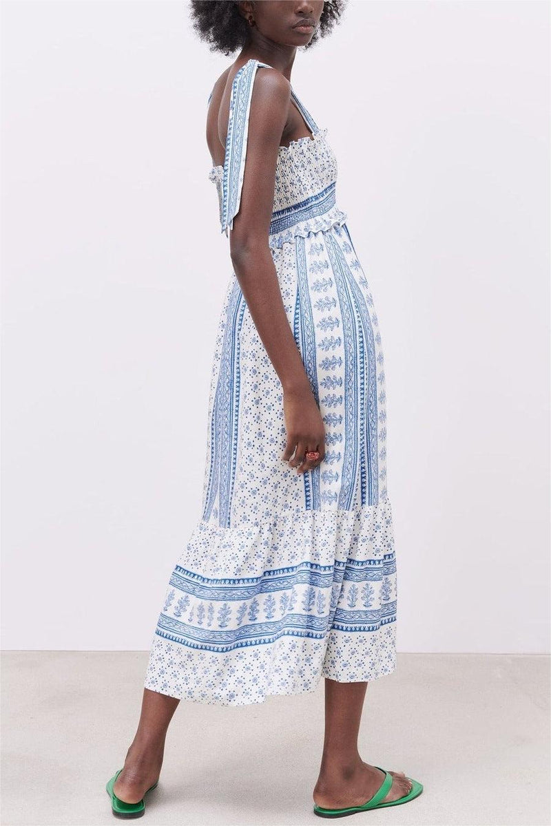 Lace Up Smocking Frill Midi Dress