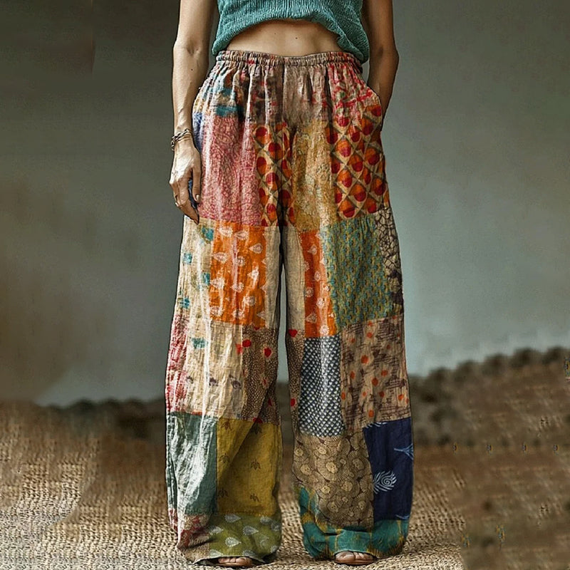 Vintage Color Block Patchwork Linen Blend Casual Pants elevenforest