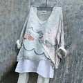 Comstylish Vintage Patchwork Fish Embroidery Art Linen Blend Blouse