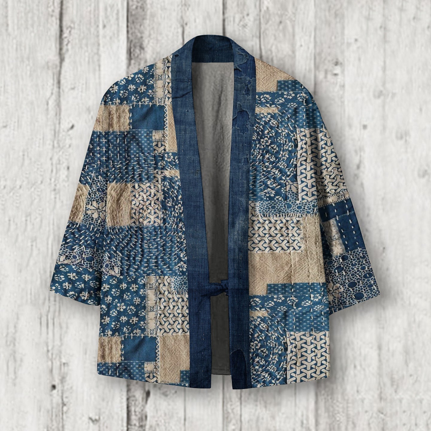 Japanese Retro Sashiko Patchwork Art Linen Blend Kimono Cardigan elevenforest