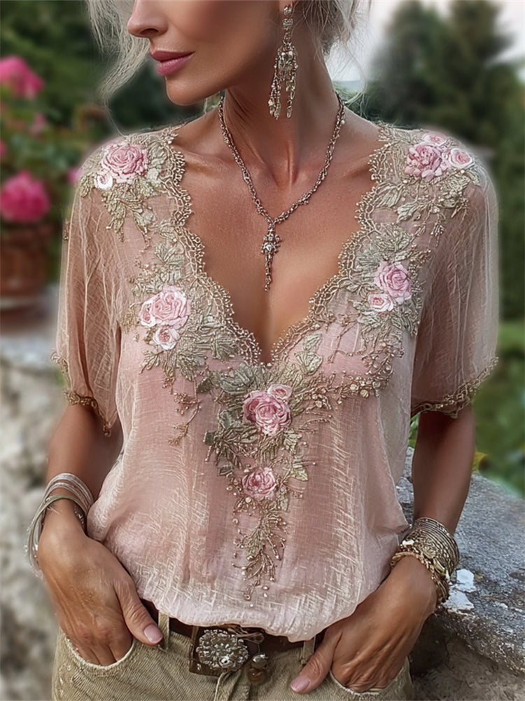 Classy Pink Roses Beaded Lace Flowy Linen Tunic elevenforest