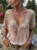 Classy Pink Roses Beaded Lace Flowy Linen Tunic elevenforest