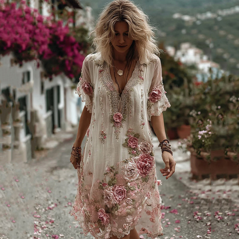 Vintage Floral Embroidery Short-sleeved Dress elevenforest