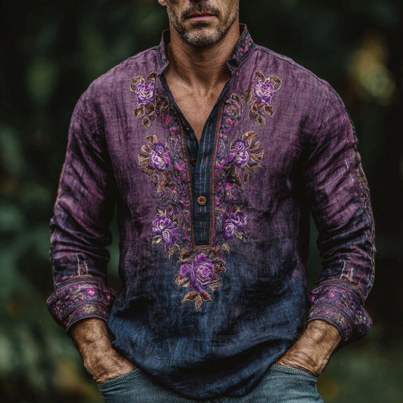 Men's Retro Flower Gradient Art Cozy Cotton And Linen Long-sleeved Shirt elevenforest