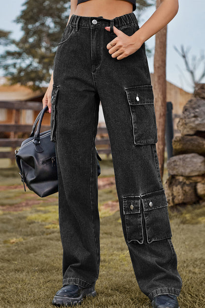 Street Pocket Mid Waist Loose Denim Jeans