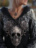 Comstylish Elegant Skull & Roses Beaded Hooded Cozy Knit Sweater