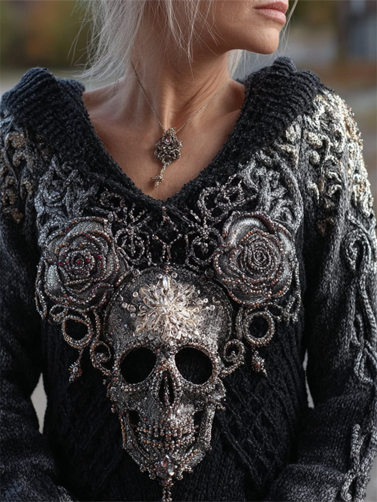 Elegant Skull & Roses Beaded Hooded Cozy Knit Sweater elevenforest