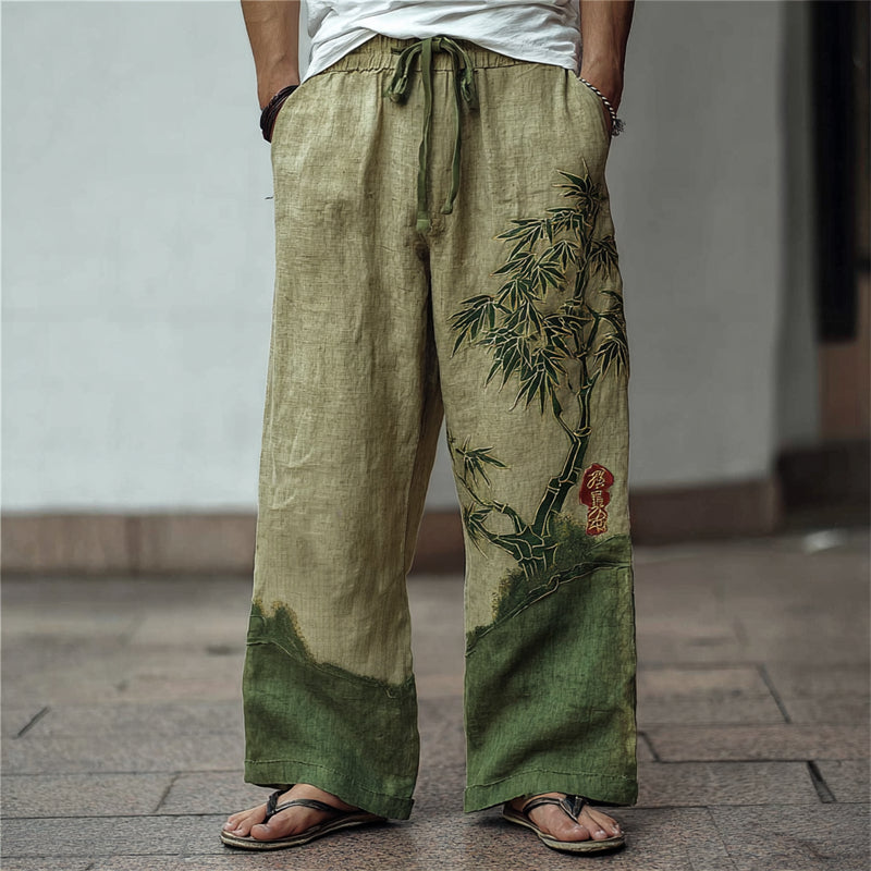 Men's Japanese Bamboo Embroidered Contrast Wide Leg Linen Pants elevenforest