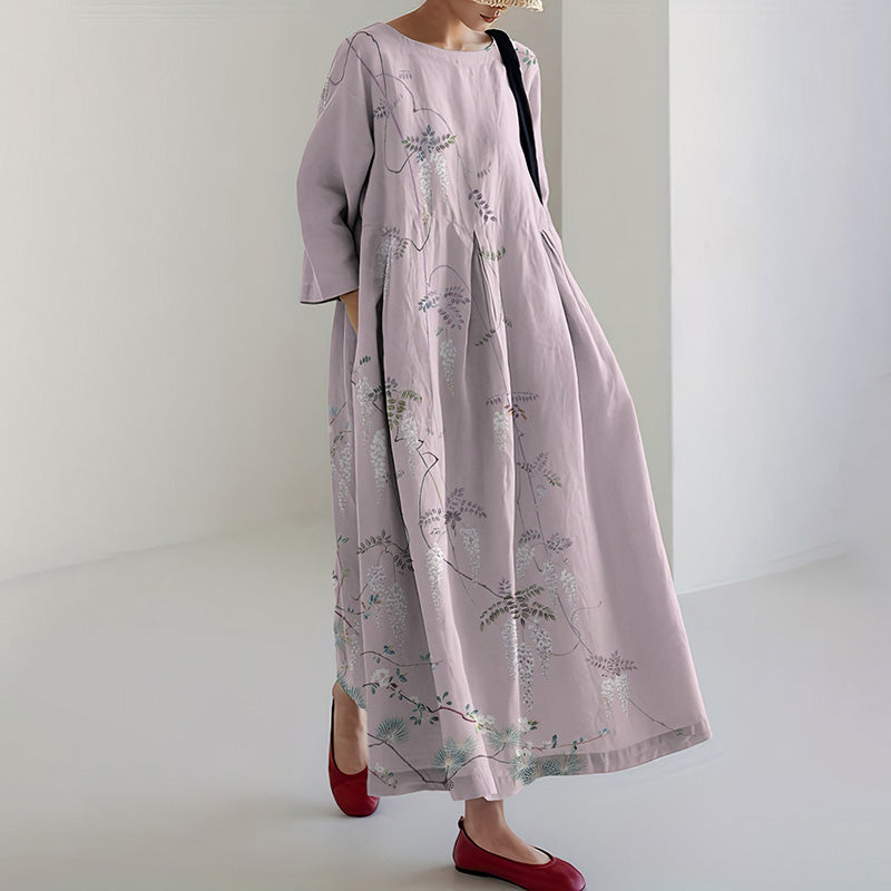 Comstylish Women's Vintage Japanese Floral Art Print Loose Midi Dress